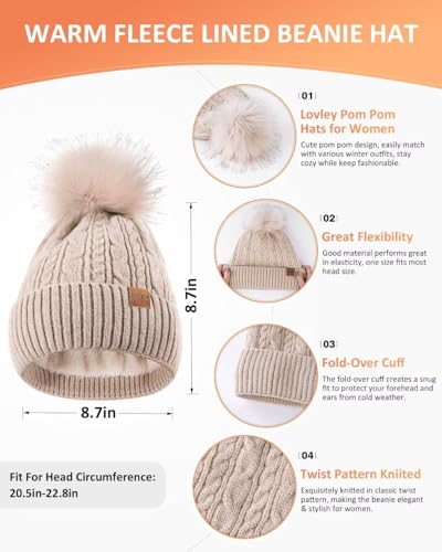 Winter Beanie Hat Scarf Gloves Set for Women, Pom Pom Beanie Fleece Lined Knit Neck Warmer Touchscreen Gloves 3 in 1 Gift Set - color: Gray