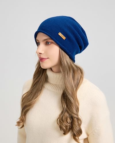 100% Merino Wool Slouchy Beanie Hat, Women Warm Winter Caps Soft, Ladies Breathable & Cozy Stretchy Knitted Skull Cap - color: Dark Blue
