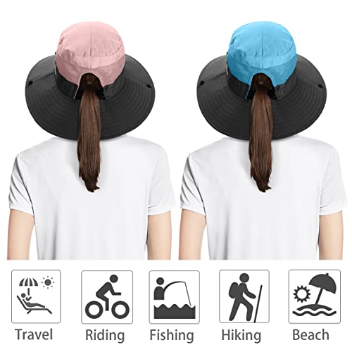IYEBRAO 2 Pack Womens Ponytail Sun Hat UV Protection Bucket Hats Foldable Wide Brim Summer Boonie Beach Cap Fishing Hiking… - color: Pink & Sky Blue