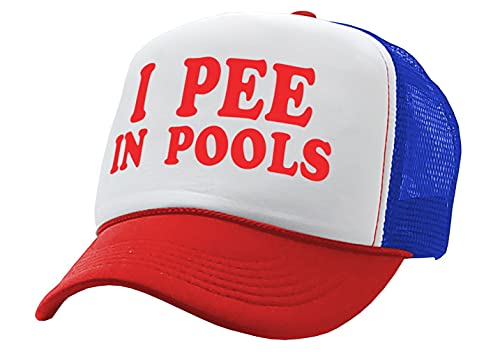 I Pee in Pools - Funny Dare Gag Gift Joke - Vintage Retro Style Trucker Cap Hat - color: Red White Blue