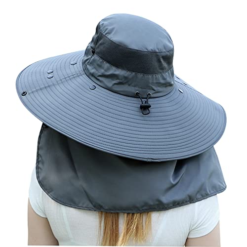 Women Wide Brim Face Mask Sun Hat Detachable Neck Face Flap Ponytail UV Protection Visor Hat Garden Fishing Hiking - color: Hyp008-darkgray