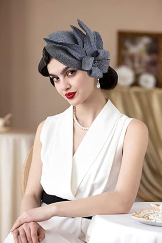 Women's Vintage 100% Wool Felt Cloche Bucket Bowler Hat Winter Vintage Bow Fedoras Church Fascinator - color: 10-grey