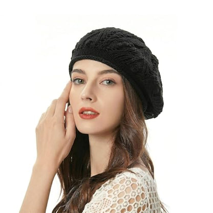 ZLYC Women Cotton Slouchy Crochet Beret Handmade Cutout Floral Beanie Hat - color: Knit Black