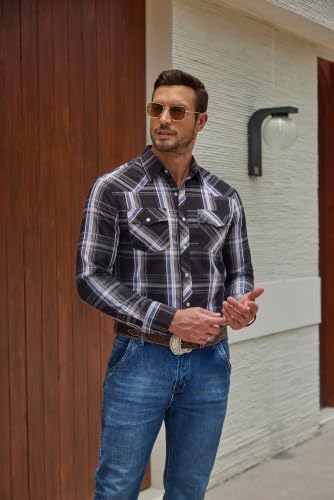 COOFANDY Men's Western Cowboy Shirts Casual Button Down Shirt Long Sleeve - color: Dark Blue Plaid, size: Medium