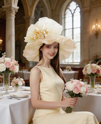 Organza Church Derby Hats for Women Wedding Tea Party Fascinator Floral Wide Brim Sun Hat - color: Style01 Apricot Beige