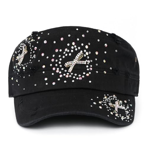 ililily Rhinestone Cotton Cadet Cap Vintage Distressed Cotton Military Army Hat - color: Black-heart Ribbon