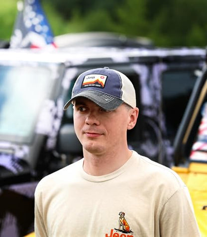 Jeep Have Fun Out There Patch Garment Washed Trucker Hat Unstructured for Men & Women - Adjustable Snapback Baseball Cap - color: Navy Blue