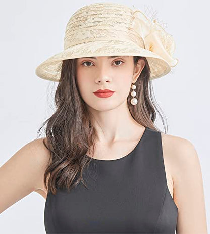 Organza Fascinator Hat - Women’s Wide Brim Church Bridal Tea Party Wedding Hat - color: 03-beige