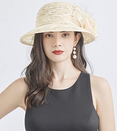 Organza Fascinator Hat - Women’s Wide Brim Church Bridal Tea Party Wedding Hat - color: 03-beige