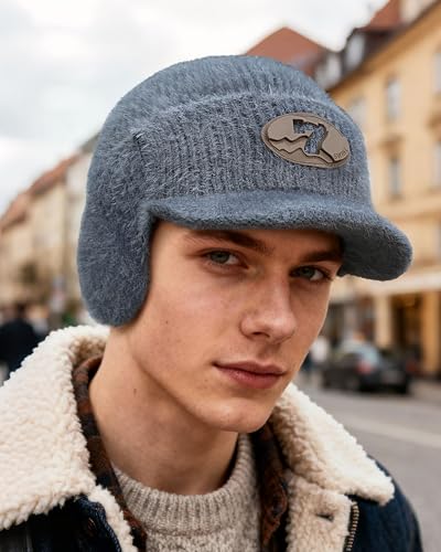 CLAPE Cozy Head Beanies with Brim, Small Billed Beanie for Cold Weather Mens Winter Warm Knit Hat with Ear Flaps - color: Kh25d18-gray