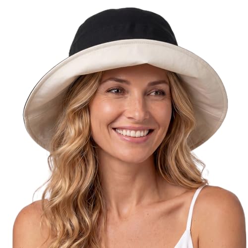 TOP-EX ChicPony Women's UPF 50+ Cotton Linen Wide Brim Sun Hat - color: Black, size: Medium