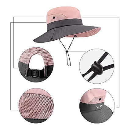 Womens Sun-Hat Outdoor Protection Foldable Beach-Bucket-Hat Ponytail-Hole - color: Pink