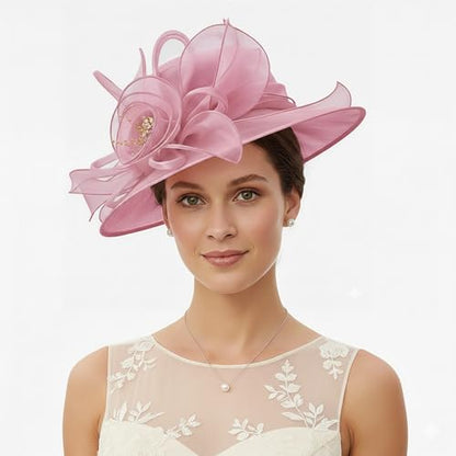 DRESHOW Women Organza Hat Church Cap Hats Clearance Kentucky Derby Cocktail Tea Party Wedding Flower Hat with Wide Brim - color: Flower Hat: Nude Pink