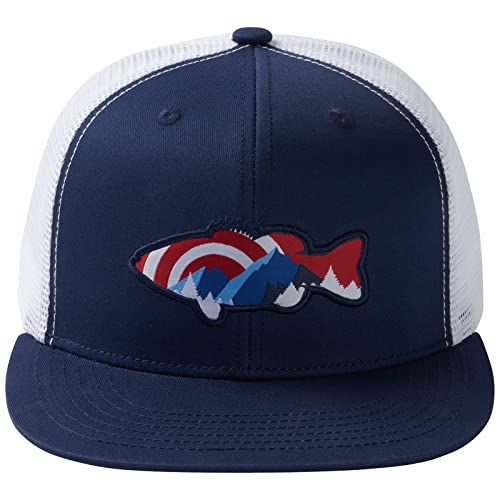 BASSDASH Flat Brim Trucker Cap Adjustable Snapback Hat Mesh Back for Men Women - color: Collegiate Navy/Bass
