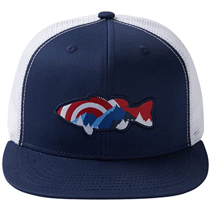 BASSDASH Flat Brim Trucker Cap Adjustable Snapback Hat Mesh Back for Men Women - color: Collegiate Navy/Bass
