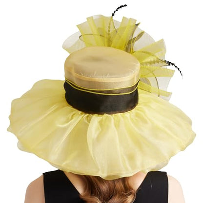 Women Organza Church Derby Hat Wide Brim Sun Caps for Wedding Tea Party Hat with Detachable hat Flower as Headgear - color: 10-yellow