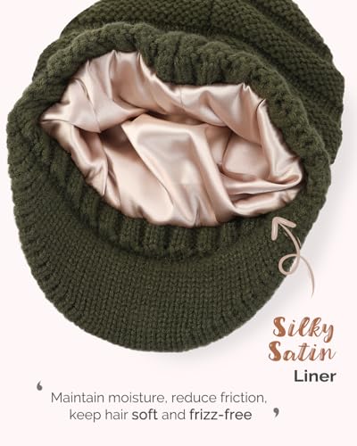 Hat Hut Beanie Hats for Women Men Satin Lined Winter Hats for Women Slouchy Beanies Satin Lined Beanie with Brim Visor - color: Olive Green