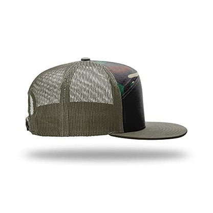 Richardson 168 Hi-Pro 7 Panel Adjustable Snapback Trucker Mesh Back Cap - color: Black/Green Camo/Loden