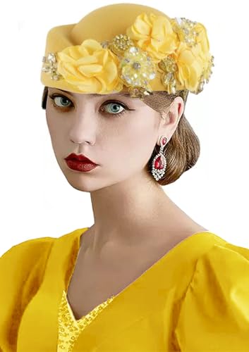 Women's Retro British Felt Headscarf Hat Church Derby Headdress with Floral Women's Soft Beret - color: Yellow