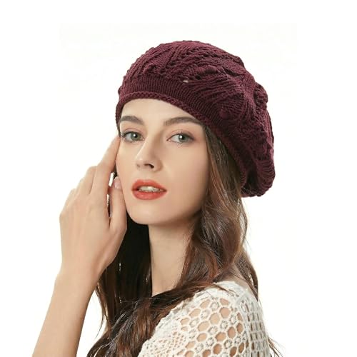 ZLYC Women Cotton Slouchy Crochet Beret Handmade Cutout Floral Beanie Hat - color: Knit Burgundy