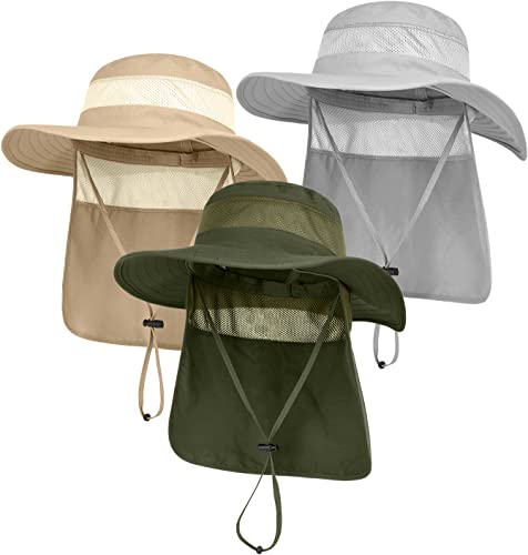3 Pack Mens UPF 50+ Wide Brim Sun Hat with Neck Flap for Fishing Hiking Garden - color: 3 Pack Light Grey＆khaki＆army Green