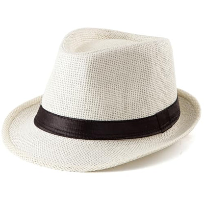 XL Straw Fedora Hats for Men Summer Trilby Beach Travel Panama Casual 7 1/2 - color: Milk White