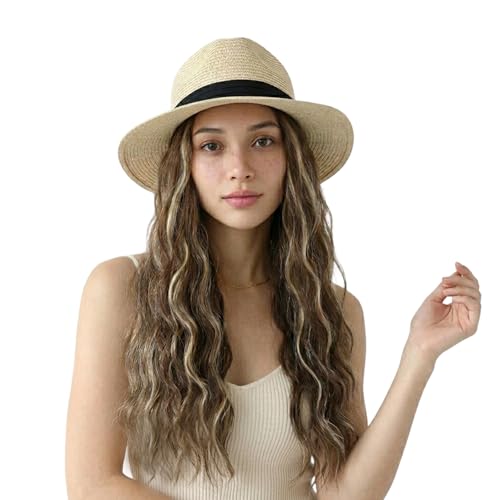 Hat Wig Panama Hat with Mix Brown Blonde Long Wave Hair Attached for Women Beige Color Wide Brim Straw Beach Sun Hat Wig - color: M-Mbrown blonde