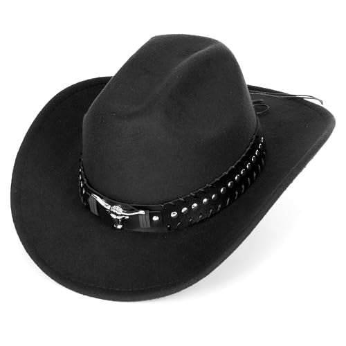 Felt Fedora Western Cowboy Hat for Women Men - color: Black-bull Rivet Band