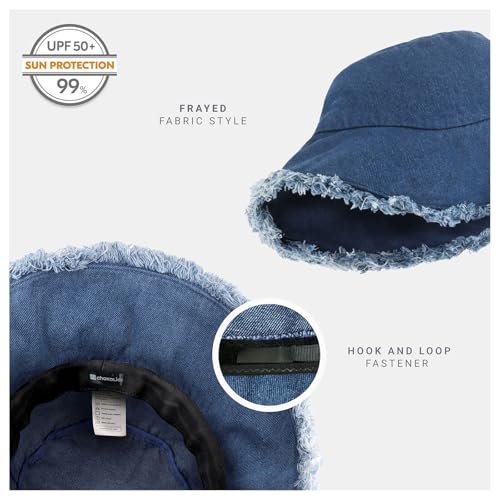 CHOK.LIDS Frayed Bucket Hat Washed Cotton Floppy Wide Brim Boonie Cap - color: Blue Jean
