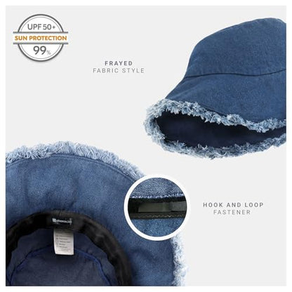CHOK.LIDS Frayed Bucket Hat Washed Cotton Floppy Wide Brim Boonie Cap - color: Blue Jean