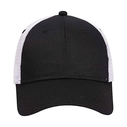 Ashen Fane 6 Panel Blend Twill Structured Low Profile Mesh Back Snapback Trucker Hat - color: Blk/Blk/Wht