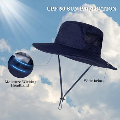 Sun Hat for Men/Women, UPF 50+ Fishing Hat,Waterproof Wide Brim Bucket Hat Foldable Boonie Hat for Hiking Garden Safari Beach - color: Navy