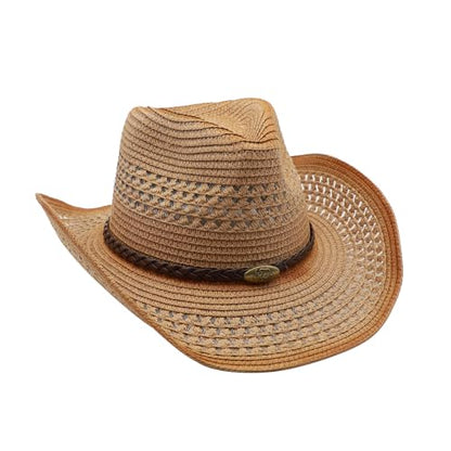 Straw Cowgirl Hat for Women Cowboy Hats for Men Wide Brim Sun Hat Shapeable Western Hat Beach Hat - color: Khaki-caramel