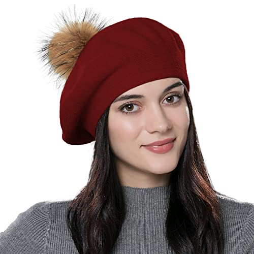 Womens Winter Beret Hat Knitted Beanie Cap Autumn Winter Hat French Classic Beret - color: Red+brown Pompom