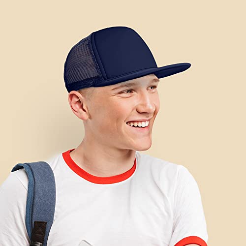 DALIX Flat Billed Trucker Hat Mesh Back S M L Adjustable Cap Solid Two Toned Snapback - color: Navy Blue, size: One Size