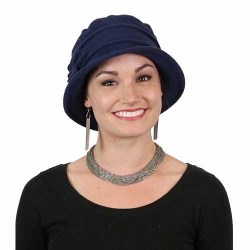 Fleece Flower Cloche Hat for Women Chemo Cancer Ladies Headwear 50+ UPF - color: Navy Blue