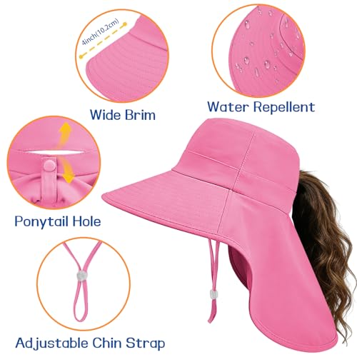 Ruqizhi Sun Hats for Women with Neck Flap Ponytail Hole Women Sun Hats Rollable UV Protection Fishing Hats Wide Brim UPF 50+ - color: Rose