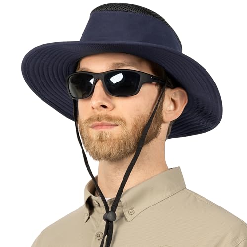 SUN CUBE Wide Brim Sun Hat for Men Women UPF 50+ UV Protection Safari Boonie Hat with Chin Strap, Pocket, Fishing Hiking Hat - color: Navy
