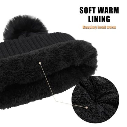 Winter Beanie Hats for Women Pom Pom Wool Cable Knit Thermal Fleece Warm Faux Fur Beanies for Cold Weather - color: Black