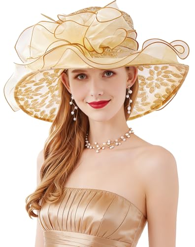 Z&X Organza Church Fascinator Wedding Tea Party Derby Hats for Women Flower Wide Brim Sun Hats - color: 01a Gold