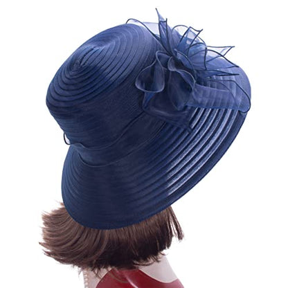 Womens Wedding Occasion Floral Wide Brim Church Dressy Sun Hat A323 - color: Navy Blue