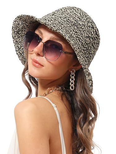 sy soul young Women's Straw Sunhat Wide Brim Hand Woven Beach Bucket Hat - color: Beige & Black
