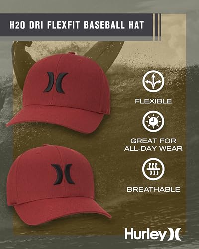 Hurley Mens Baseball Cap Curved Brim Moisture Wicking Flexfit Fitted Hats - color: Red, size: Small-Medium