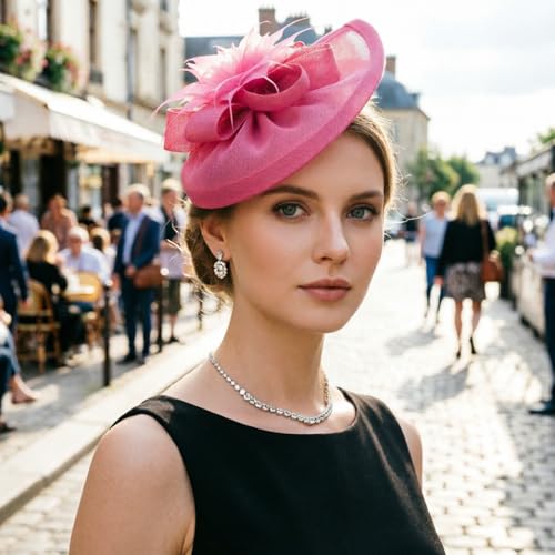 DRESHOW Fascinators Hat Feather Headband Women's Fascinators Tea Party Headwear with Clip Flower Head Band for Girls & Women - color: Medium Size: Dark Pink