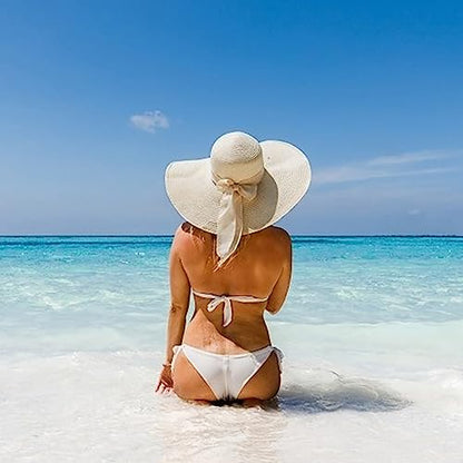 DRESHOW Beach Hats for Women Big Straw Wide Brim Summer Hat Floppy Foldable Roll up Cap Sun Hat UPF 50+ - color: Beige 5.9