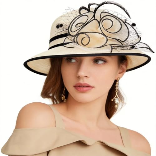 Women's Kentucky Derby Church Dress Hat Wide Brim Leaf Flower Bridal Shower Hat - color: R7 Beige,black Edge