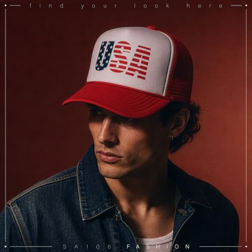 American Flag Patriotic USA Classic 5 Panel Mesh Snap Back Trucker Hat - color: Red - Usa