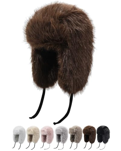 Peicees Winter Fur Hat for Women, Ladies Russian Ushanka Furry Trapper Hat with Warmer Ear Flaps and Glitter Silver Design - color: Brown