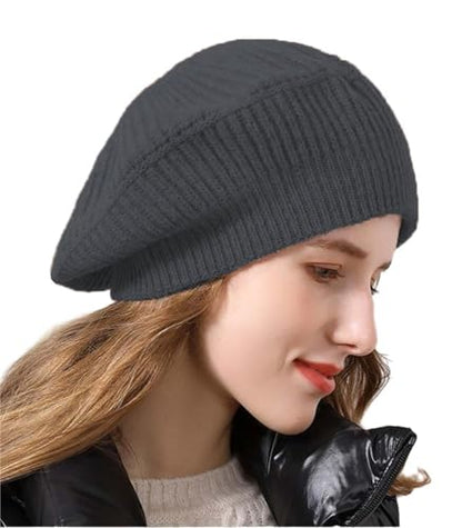 Cashmere Berets Hats Women Winter Warm Merino Wool Knitted Oversized Beige Beanie - color: Grey