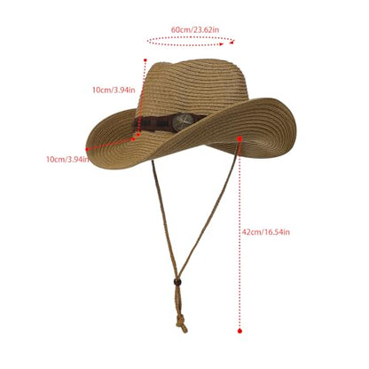 Unisex Straw Cowboy Hat Wide Brim Western Sun Hat Adjustable Beach Cowgirl Hat for Summer Outdoor Sun Protection - color: Khaki Color, Leather Hat Strap
